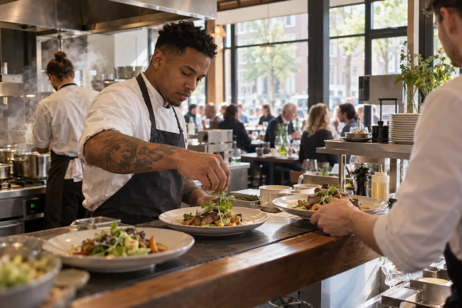 Kok maakt borden af aan de pass van een open keuken