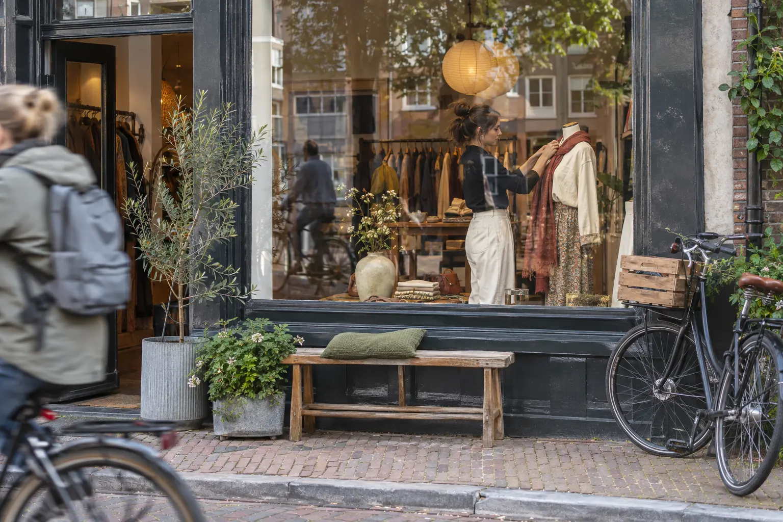 Etalage van een kledingboetiek met een fietser die voorbijrijdt