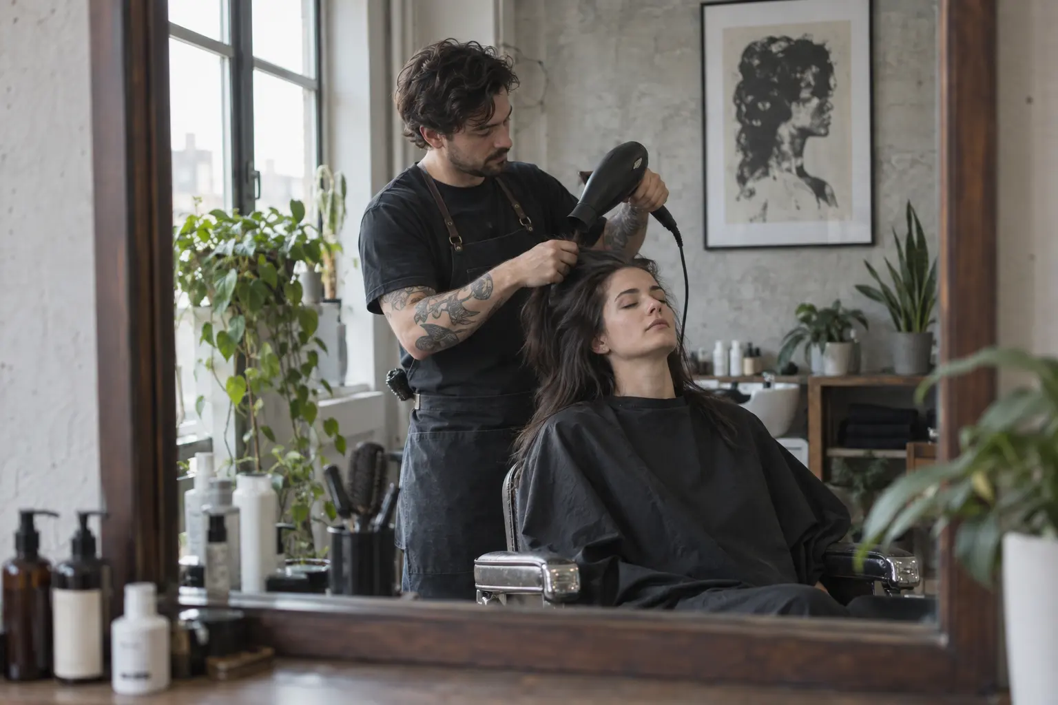 Kapper föhnt het haar van een klant, gezien via de spiegel van de salon