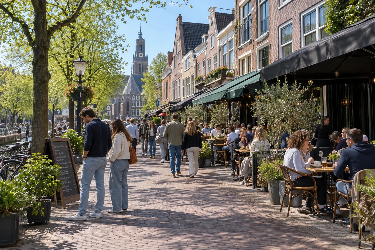 Zonnige winkelstraat met terrassen waar mensen kiezen waar ze gaan zitten