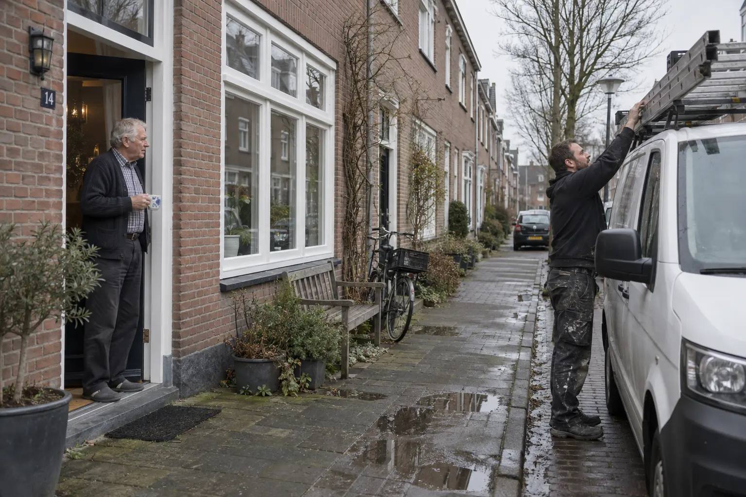 Aannemer laadt een ladder in zijn bus terwijl de bewoner in de deuropening staat