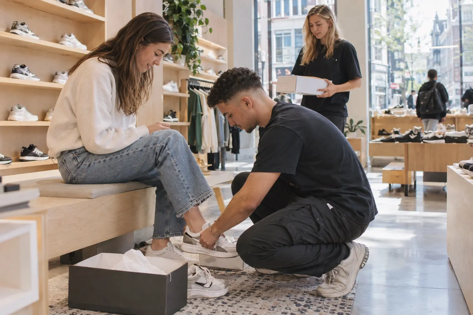 Medewerker helpt een klant met sneakers passen in een winkel van een keten