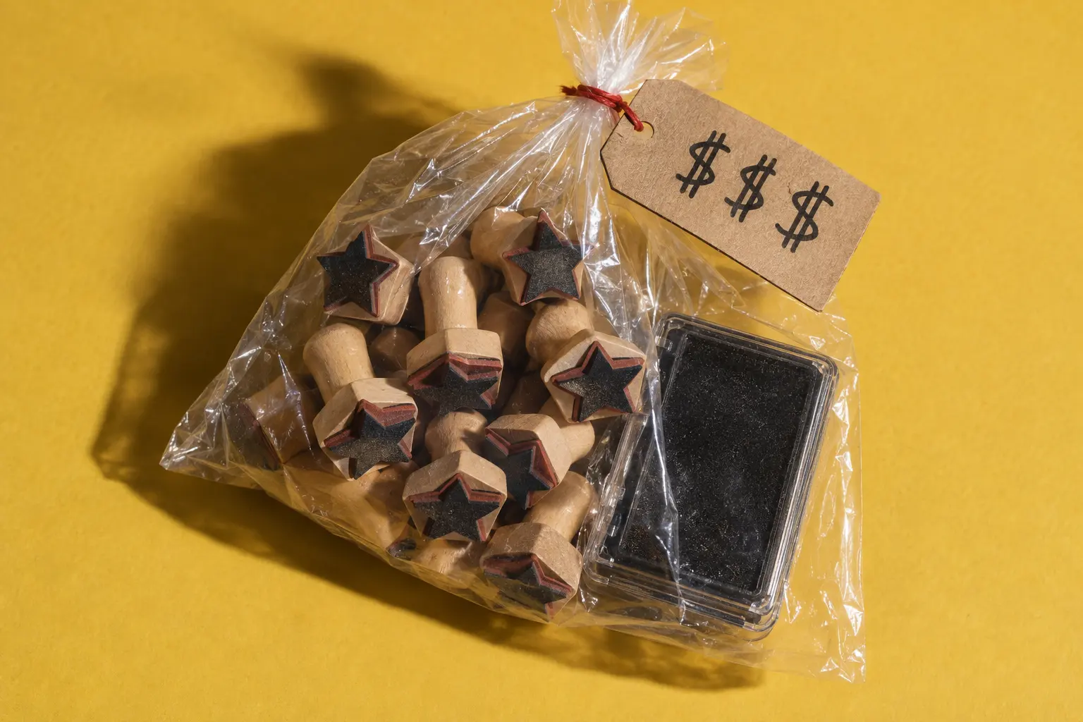 Plastic zakje met stempels in stervorm en een prijskaartje, als symbool voor gekochte reviews