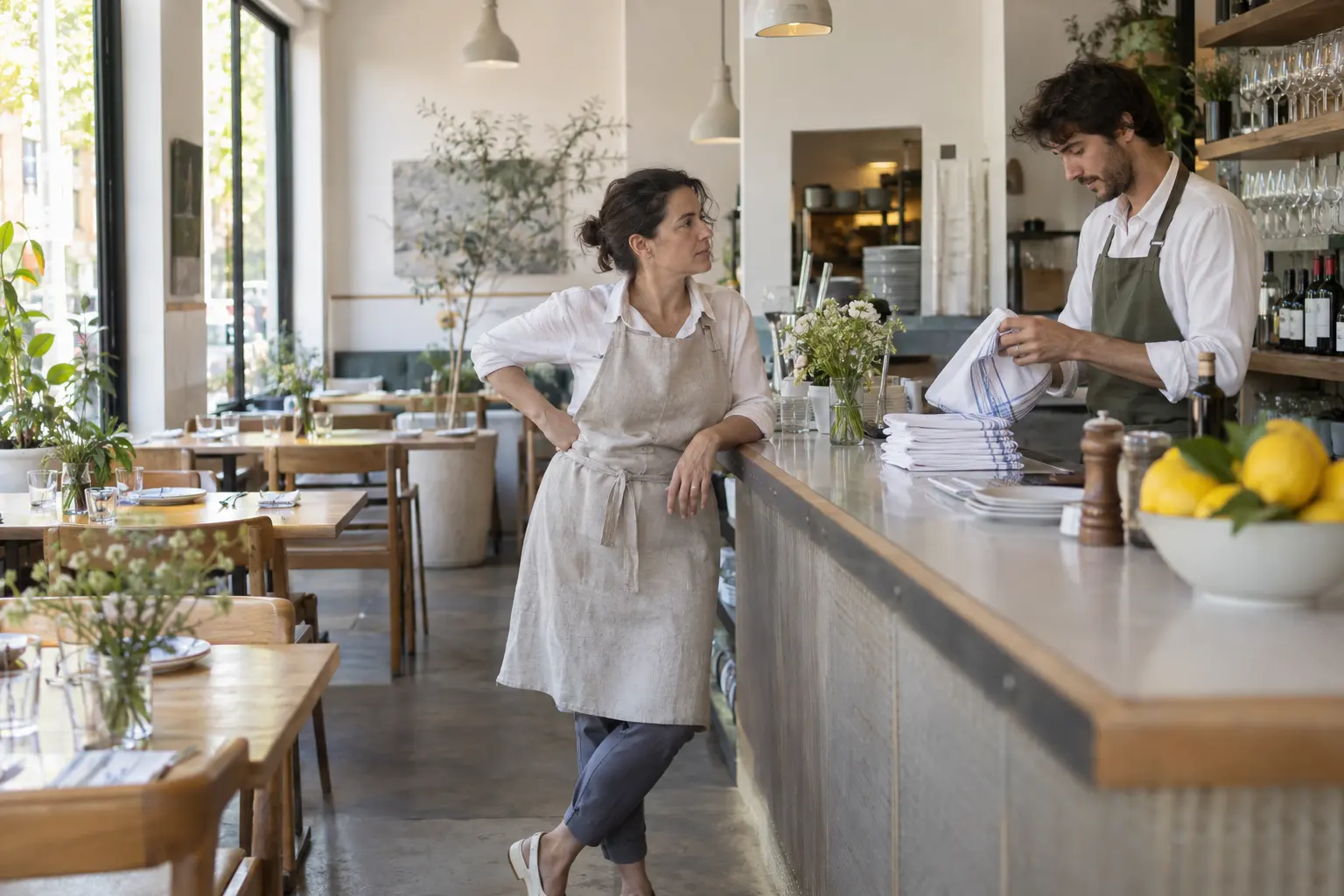 Restauranteigenaar praat aan de bar met een ober in een licht restaurant vóór opening